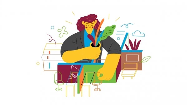 Illustration of woman rearranging office