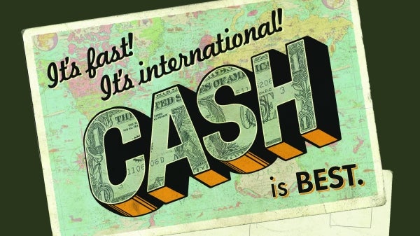 Post card explaining the benefits of donating cash for disaster relief.