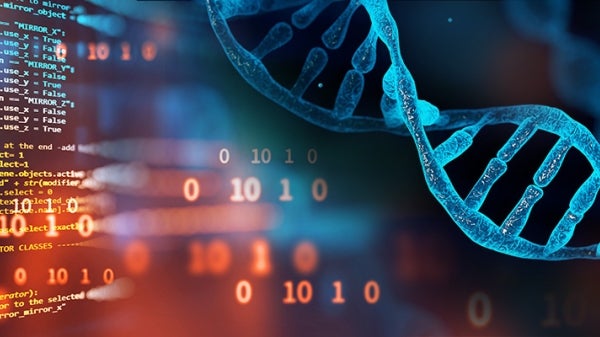 Image of code language and DNA strand with scientific texture.