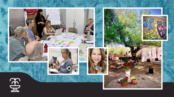 Collage of a group discussion, garden under a tree, and murals, with additional portraits of two women.