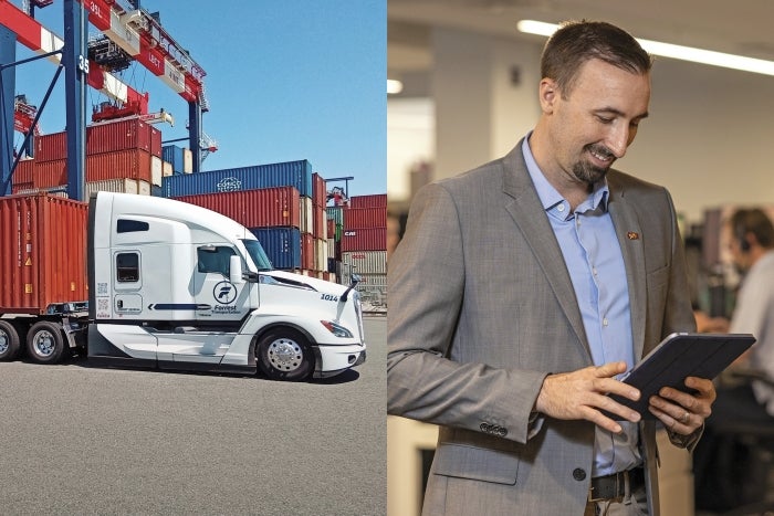 A collage of a photo of a semi truck and a man in an office holding a tablet